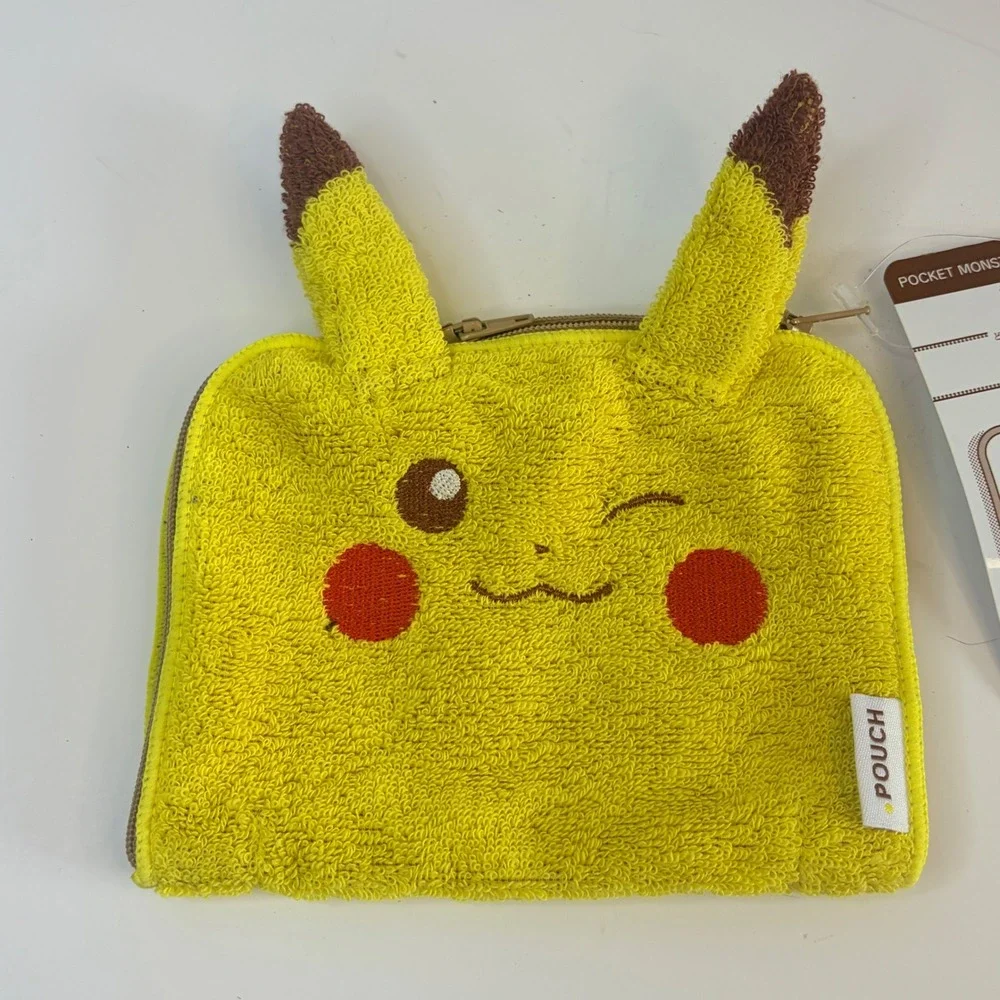 Pokemon Pikachu Towel Pouch Short Yellow Terry Cloth Zipper Bag Eyeup Japan NWT